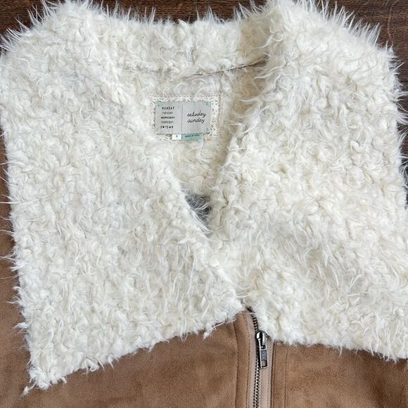 Saturday Sunday Anthropologie Faux Suede Sherpa Moto Long Zip Vest Cozy Western - Picture 4 of 14